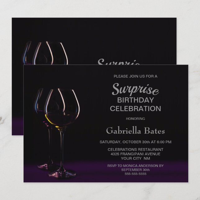 Black Purple Surprise Birthday Wine Glass Party Invitation (Front/Back)