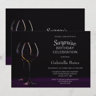 Black Purple Surprise Birthday Wine Glass Party Invitation