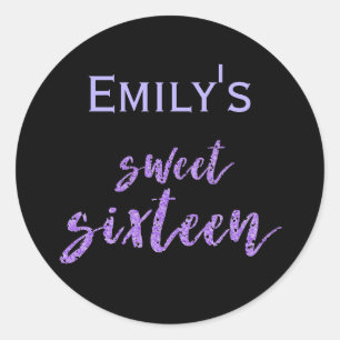 Black Purple Sweet 16 with Name Classic Round Sticker