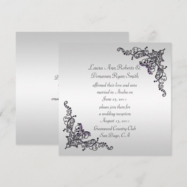 Black Purple Swirls on Silver Background Post Wedd Invitation (Front/Back)