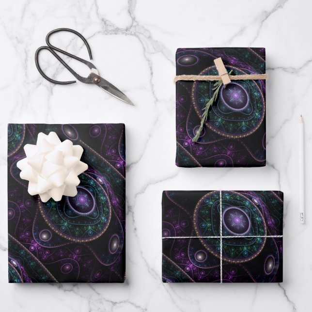 Black Purple Teal Glow Magic Sphere Pattern Wrapping Paper Sheet (Front)