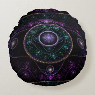 Black Purple Teal Glow Magic Sphere Round Cushion
