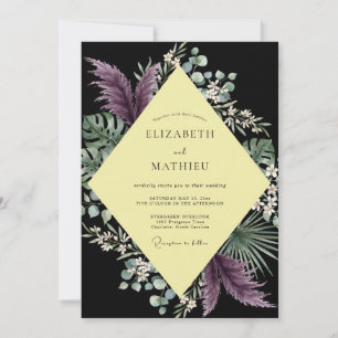 Black Purple Tropical Eucalyptus Wedding Invitation