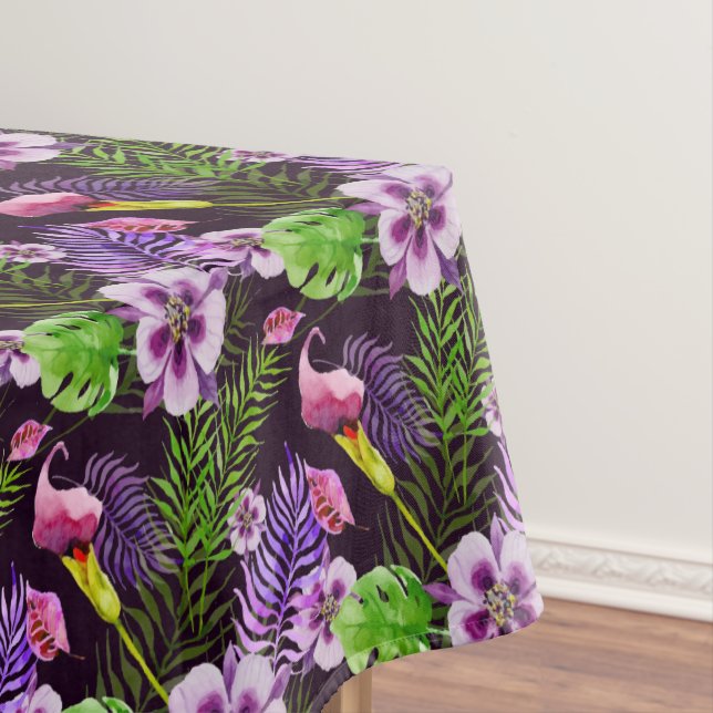 Black purple tropical flora watercolor pattern tablecloth (In Situ)