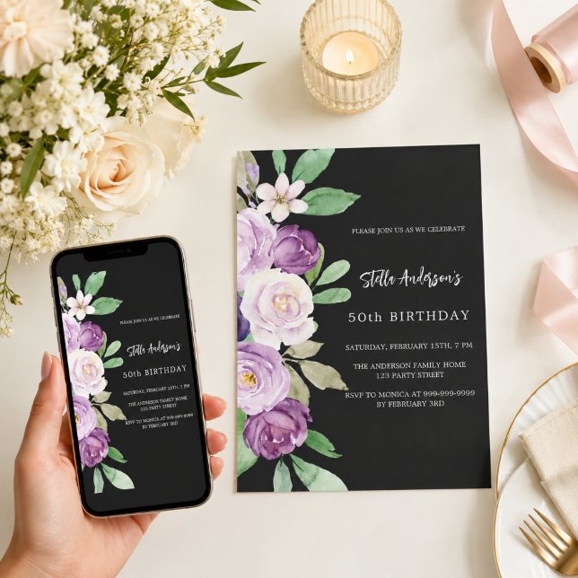 Black purple violet florals birthday invitation (Creator Uploaded)