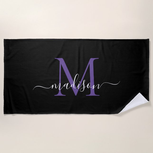 Black Purple Violet Monogram Feminine Girly Script Beach Towel (Front)