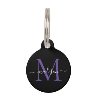 Black Purple Violet Monogram Feminine Script Name Pet Tag