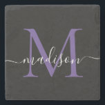 Black Purple Violet Monogram Feminine Script Name Stone Coaster<br><div class="desc">Elegant Modern Black Purple Violet Monogram Feminine Script Name Stone Coaster</div>