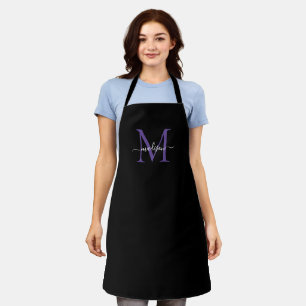 Black Purple Violet Monogram Girly Feminine Script Apron
