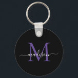 Black Purple Violet Monogram Name Elegant Script Key Ring<br><div class="desc">Simple Black Purple Violet Monogram Elegant Modern Script Keychain</div>