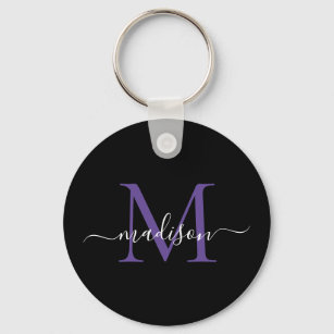 Black Purple Violet Monogram Name Elegant Script Key Ring