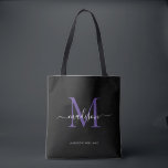 Black Purple Violet Monogram Script Name Initial Tote Bag<br><div class="desc">Modern Black Purple Violet Monogram Elegant Script Name Initial Tote Bag</div>