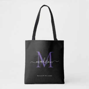 Black Purple Violet Monogram Script Name Initial Tote Bag