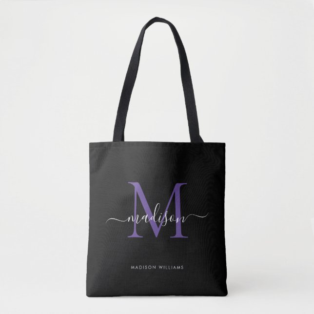 Black Purple Violet Monogram Script Name Initial Tote Bag (Front)