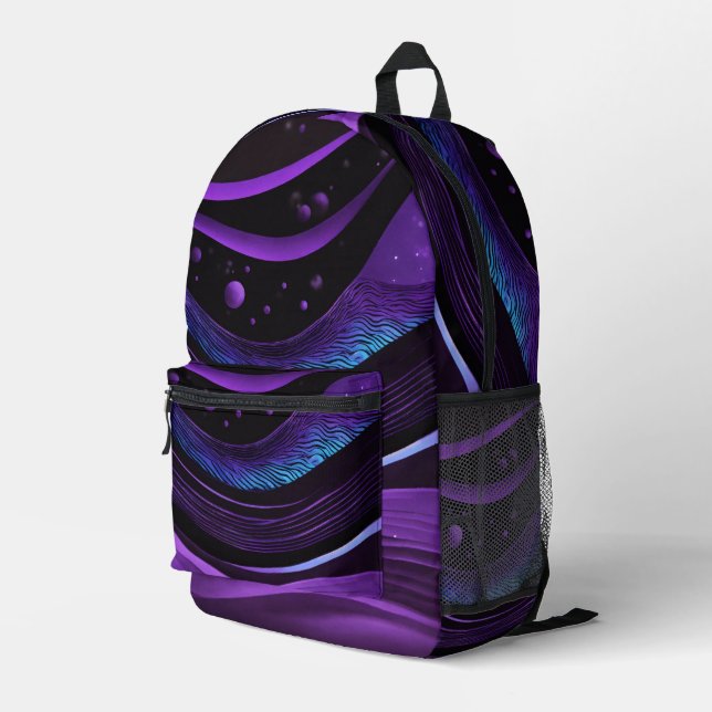 Black Purple waves Printed Backpack (Back Corner Right)