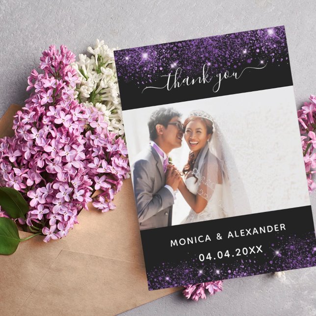 Black purple wedding photo thank you card (Creator Uploaded)