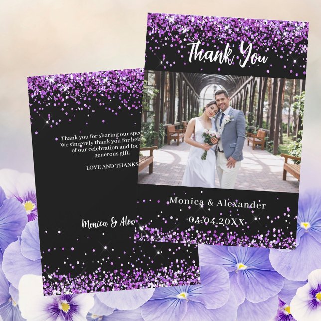 Black purple wedding photo thank you card (Creator Uploaded)