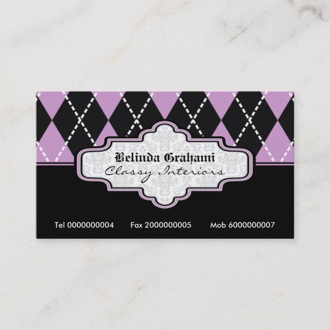 Black purple white argyle trendy business cards (Front)