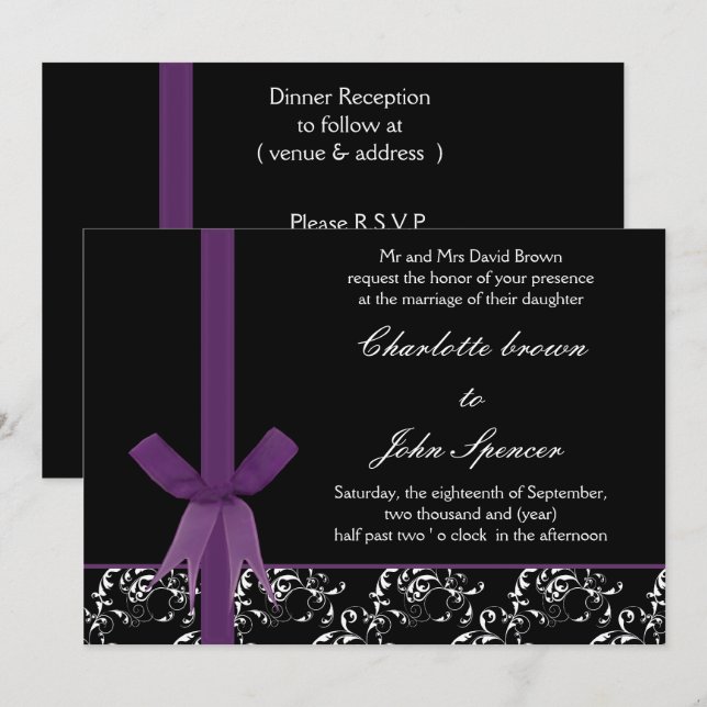 Black Purple White  Damask FAUX ribbon design Invitation (Front/Back)