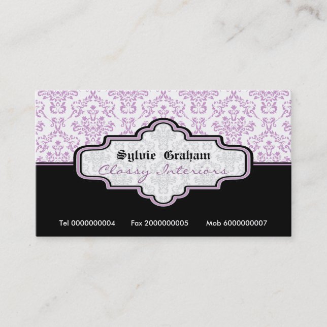 Black purple white damask interiors business card (Front)