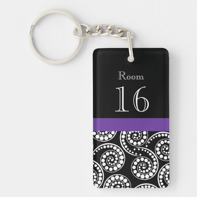 Black purple white hotel room key key ring (Front)