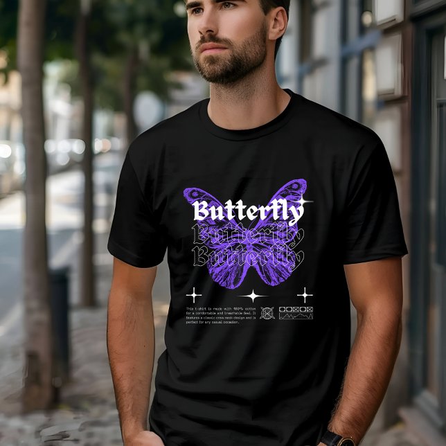 Black Purple & White Modern Illustrated Butterfly T-Shirt (Creator Uploaded)