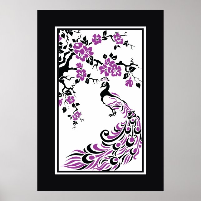 Black, purple, white peacock and cherry blossoms poster (Front)