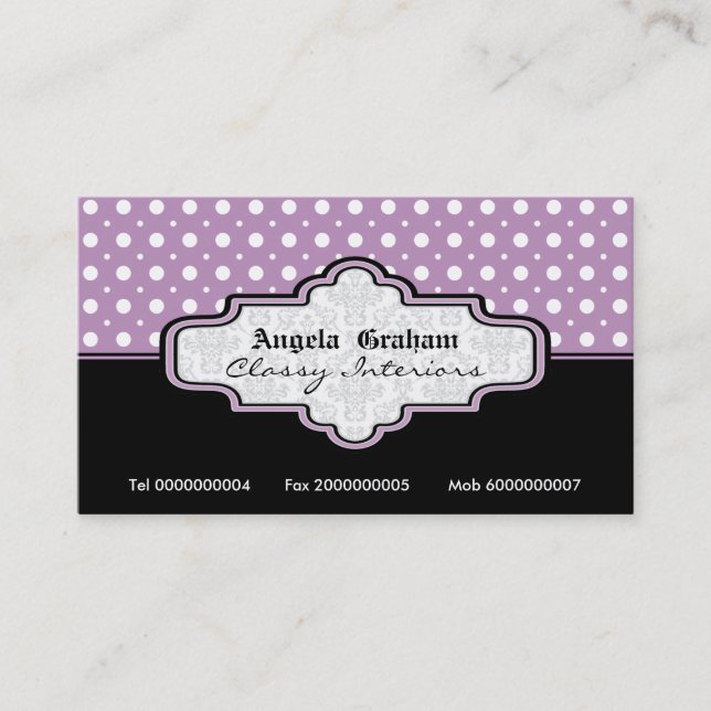Black purple white polka dot interiors business card (Front)