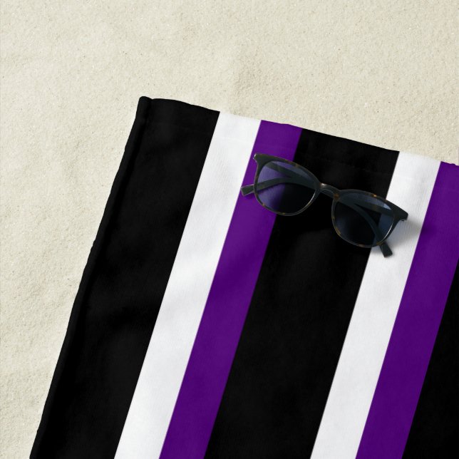 Black Purple White Striped Beach Towel (In Situ)
