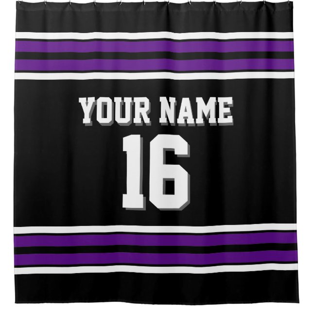 Black Purple White Stripes Sports Jersey Shower Curtain (Front)
