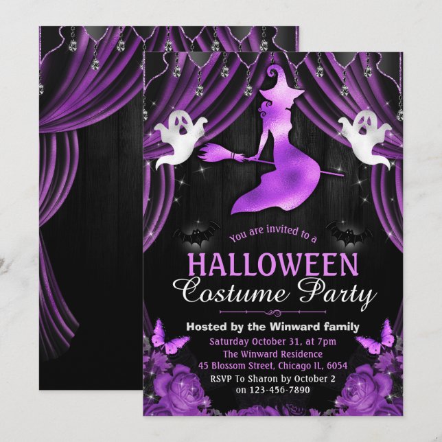 Black & Purple Witch & Shimmer Curtains Halloween Invitation (Front/Back)