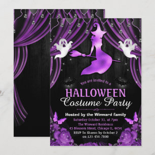 Black & Purple Witch & Shimmer Curtains Halloween Invitation