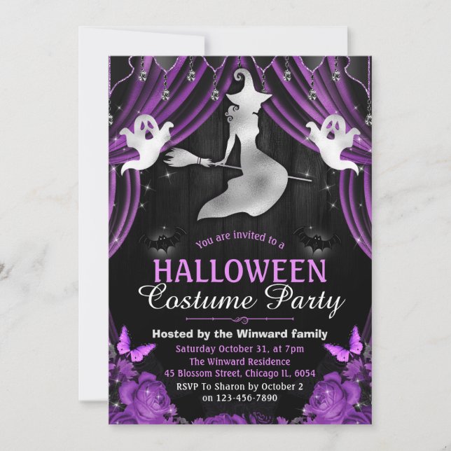 Black & Purple Witch & Shimmer Curtains Halloween Invitation (Front)