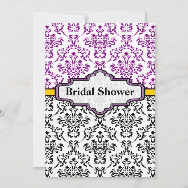 Black purple yellow damask wedding bridal shower invitation (Front)