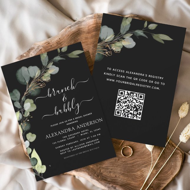 Black QR Code Brunch & Bubbly Eucalyptus Invitation (Creator Uploaded)