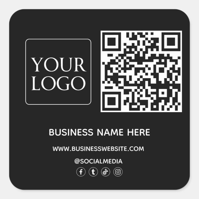 Black QR Code Business Logo Website Social Media Square Sticker (Front)