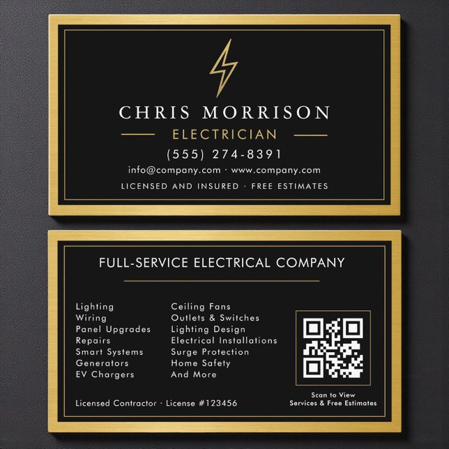 Black QR Code Electrician Electrical Contractor  Business Card (Creator Uploaded)