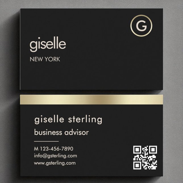 Black QR Code Faux Gold Foil Monogram  Business Card (Creator Uploaded)