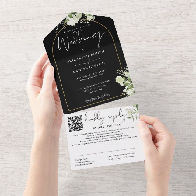 Black QR Code Gold Arch Greenery Floral Wedding All In One Invitation (Tearaway)