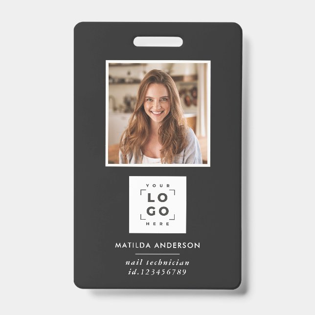 Black QR code modern minimal photo abstract ID Badge (Front)
