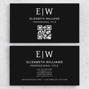 Black QR Code Monogram Minimalist  Business Card