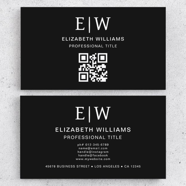 Black QR Code Monogram Minimalist  Business Card (Creator Uploaded)