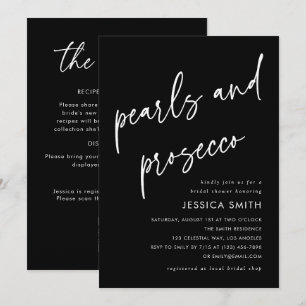 Black QR Code Pearls and Prosecco Bridal Shower Invitation
