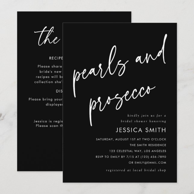 Black QR Code Pearls and Prosecco Bridal Shower Invitation (Front/Back)