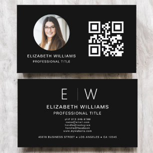Black QR Code Photo Monogram Minimalist Business Card