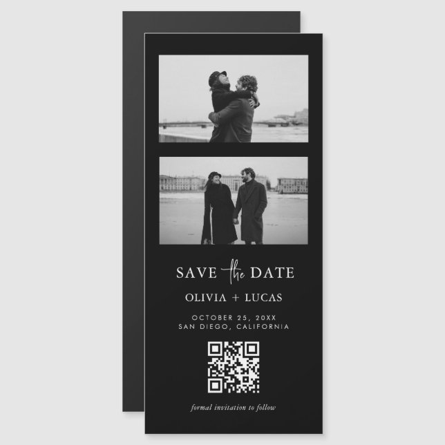 Black QR Code Photo Strip Magnetic Wedding (Front/Back)