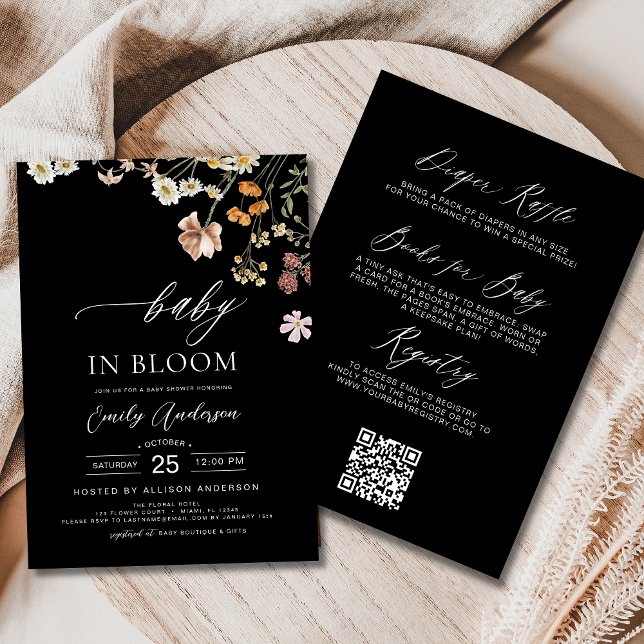 Black QR Code Wildflower Baby in Bloom Shower  Invitation (Creator Uploaded)