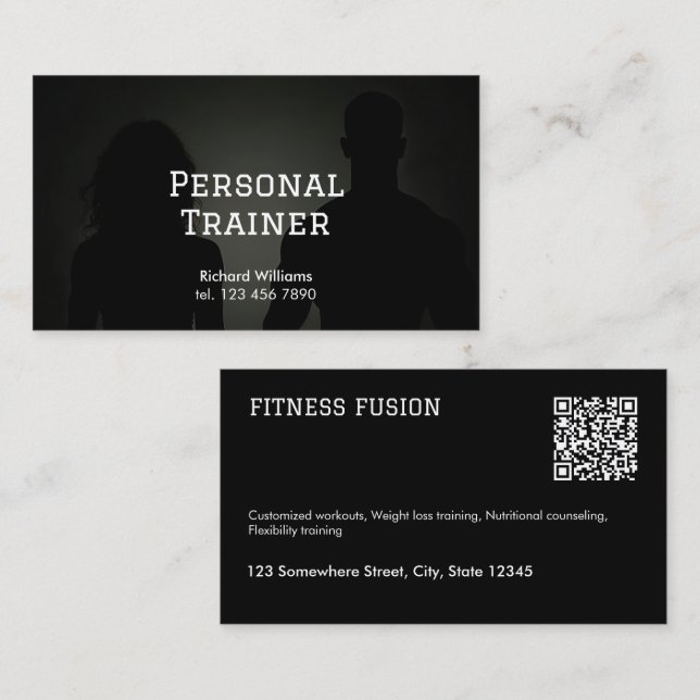 Black QR Fitness Personal Trainer Business Card (Front/Back)