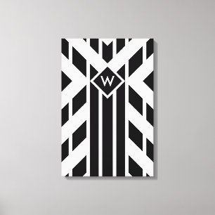 Black Quadrilateral Stripes on White with Monogram Canvas Print