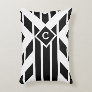 Black Quadrilateral Stripes on White with Monogram Decorative Cushion